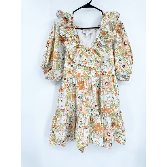 Cleobella Farrah Retro Floral Print Ruffled Puff Sleeve A-Line Poplin Mini Dress - Picture 2 of 7